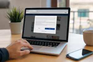 Schermata di consenso cookie su laptop con pulsanti Rifiuta e Accetta, mano sul trackpad e smartphone sul tavolo