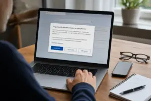Mano su laptop con finestra di consenso cookie in italiano e pulsanti Accetta, Rifiuta e Altre opzioni