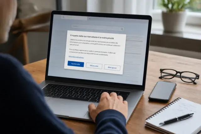 Mano su laptop con finestra di consenso cookie in italiano e pulsanti Accetta, Rifiuta e Altre opzioni