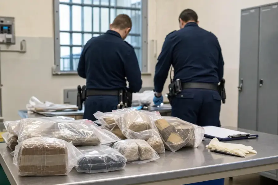 Agenti in divisa ispezionano sacchetti sigillati con pacchi sequestrati su un tavolo in una stanza con finestra a sbarre