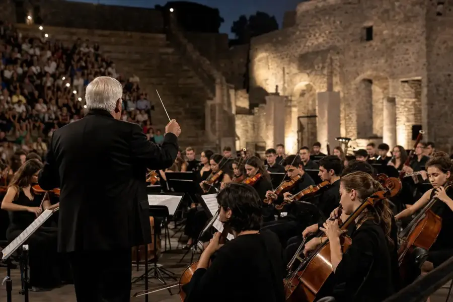 Direttore d’orchestra di spalle con bacchetta davanti a una giovane orchestra in un anfiteatro antico al tramonto