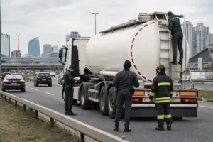 Autocisterna bianca fermata in corsia d’emergenza, agenti in uniforme e un vigile del fuoco durante un controllo su strada