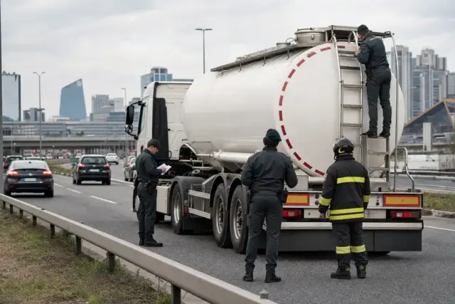 Autocisterna bianca fermata in corsia d’emergenza, agenti in uniforme e un vigile del fuoco durante un controllo su strada