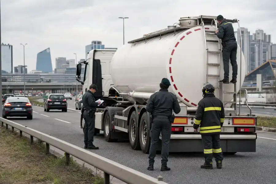 Autocisterna bianca fermata in corsia d’emergenza, agenti in uniforme e un vigile del fuoco durante un controllo su strada