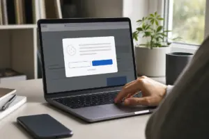Mano sul trackpad di un laptop con pop-up di consenso ai cookie sullo schermo, su una scrivania con smartphone e tazza