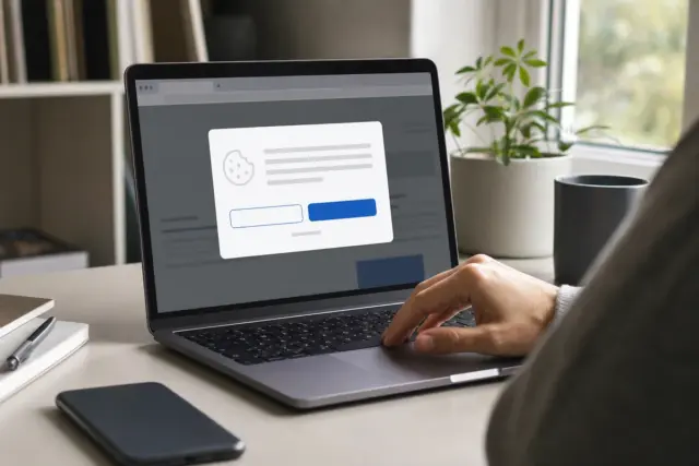 Mano sul trackpad di un laptop con pop-up di consenso ai cookie sullo schermo, su una scrivania con smartphone e tazza