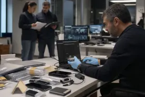 Analista forense con guanti esamina uno smartphone collegato a un laptop, tra dispositivi sequestrati su un tavolo