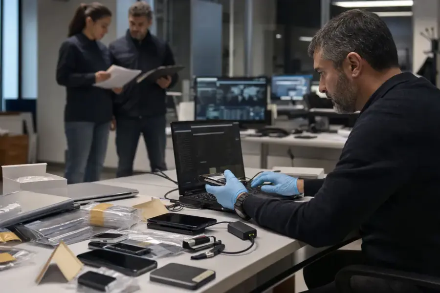 Analista forense con guanti esamina uno smartphone collegato a un laptop, tra dispositivi sequestrati su un tavolo