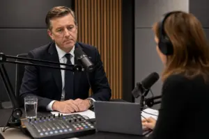 Uomo in giacca e cravatta in uno studio podcast davanti a un microfono, con conduttrice sfocata e cuffie