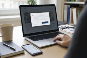 Laptop con finestra di consenso ai cookie sullo schermo, mano sul touchpad e smartphone con impostazioni privacy sulla