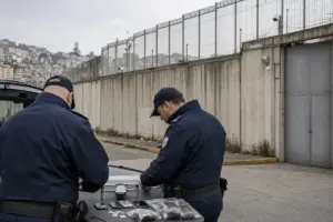 Due agenti in divisa ispezionano un drone e telefoni sequestrati su un tavolo davanti al muro di un carcere