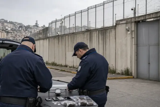 Due agenti in divisa ispezionano un drone e telefoni sequestrati su un tavolo davanti al muro di un carcere