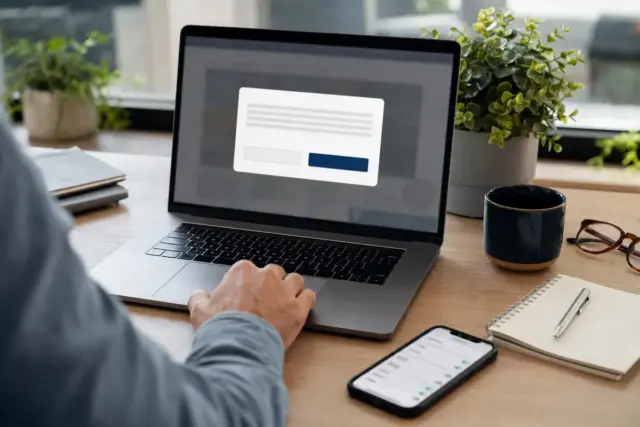 Mano sul trackpad davanti a un laptop con pop-up di consenso cookie e due pulsanti, smartphone e taccuino sul tavolo