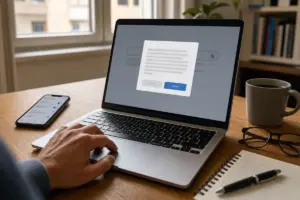Mano sul trackpad davanti a un laptop con pop-up di consenso ai cookie, smartphone, tazza di caffè e occhiali sul tavolo