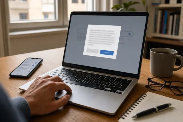 Mano sul trackpad davanti a un laptop con pop-up di consenso ai cookie, smartphone, tazza di caffè e occhiali sul tavolo