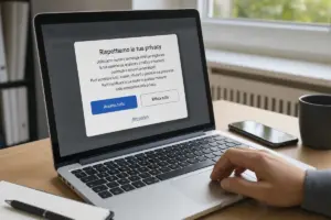 Laptop su scrivania con finestra di consenso privacy sui cookie in italiano e pulsanti “Accetta tutto” e “Rifiuta tutto
