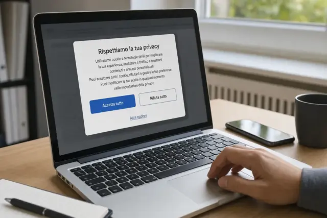 Laptop su scrivania con finestra di consenso privacy sui cookie in italiano e pulsanti “Accetta tutto” e “Rifiuta tutto